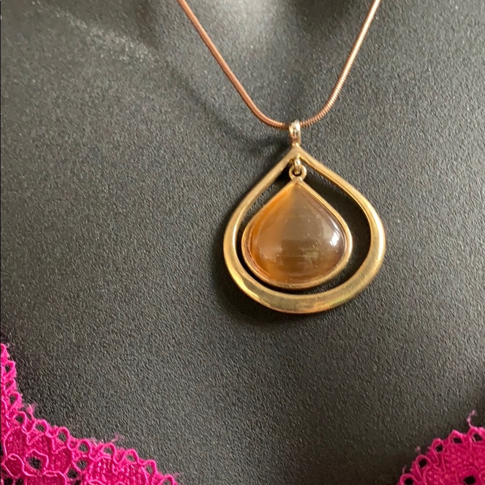 Necklace brown chain double teardrop cream stone - Picture 2 of 12